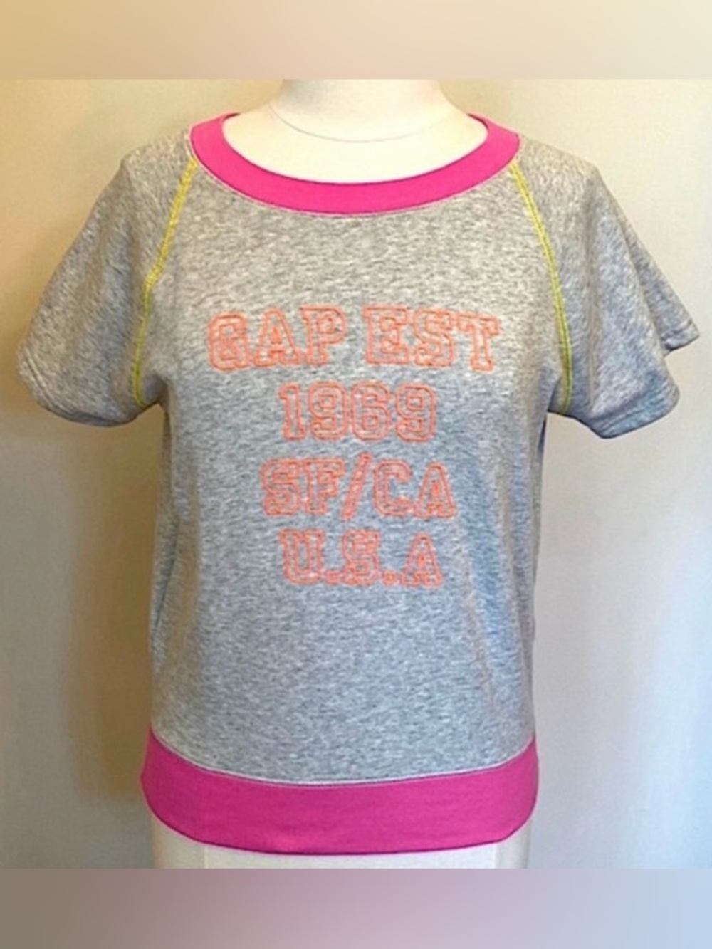 Gap Light Grey Pink Orange Neon Trim SZ S 80s Retro Y2K Style Lounge Sweatshirt